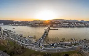National Gallery Prints: Aerial drone shot of sunset on Buda hill with Chain Bridge over Danube river