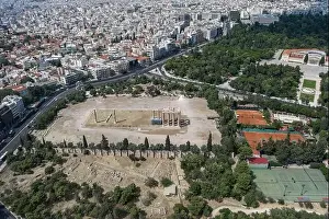 Gods View Prints: Aerial drone shot of temple ruins at Archaeological Site of Olympieion and zappeion hall in Athens