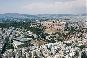 Gods View Prints: Aerial drone shot view of Partheon in Acropolis and museum in Athens city