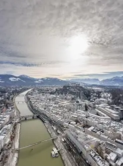 Salzach Prints: Aerial drone shot view of Salzburg Salzach river and Hohensalzburg fortress Untersberg snow mountain