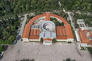Gods View Prints: Aerial drone shot of Zappeion Hall in national garden of Athens with atrium