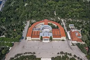 Gods View Prints: Aerial drone shot of Zappeion Hall in national garden of Athens with atrium