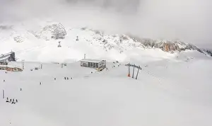 Garmisch Prints: Aerial drone snow view of Cable car station at Zugspitze top of Germany