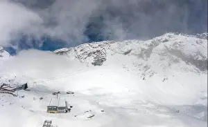 Garmisch Prints: Aerial drone snow view of Cable car station at Zugspitze top of Germany