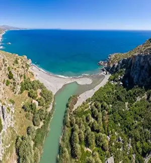 Nubes Prints: Aerial drone ultra wide photo of iconic river and beach of Preveli in Southern Rethimno