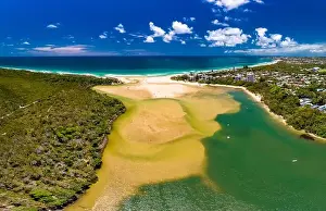 Aerial drone view of beach and Currimundi Lake, Caloundra, Sunshine Coast, Queensland, Australia