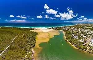 Aerial drone view of beach and Currimundi Lake, Caloundra, Sunshine Coast, Queensland, Australia