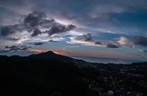 Buzz Prints: Aerial drone view of beautiful sunset on the island with sea in the background