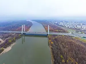 Dnepr Prints: Aerial drone view. bridge in the rays of a sunny morning