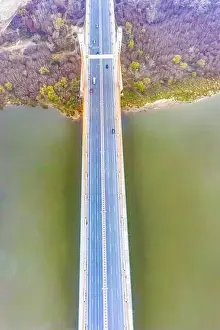 Dnepr Prints: Aerial drone view. bridge in the rays of a sunny morning
