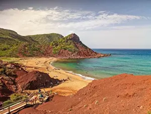 Minorca Prints: Aerial drone view of Cala del Pilar beach scenery on north cost of Menorca, near Ferreries