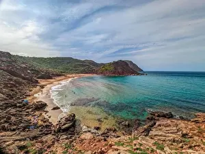 Minorca Prints: Aerial drone view of Cala del Pilar beach scenery on north cost of Menorca, near Ferreries