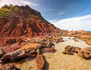 Minorca Prints: Aerial drone view of Cala del Pilar beach scenery on north cost of Menorca, near Ferreries