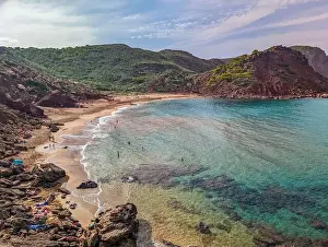 Minorca Prints: Aerial drone view of Cala del Pilar beach scenery on north cost of Menorca, near Ferreries