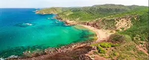 Aerial drone view of Cala del Pilar beach scenery on north cost of Menorca, near Ferreries