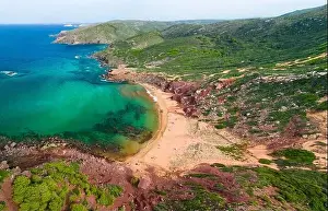 Minorca Prints: Aerial drone view of Cala del Pilar beach scenery on north cost of Menorca, near Ferreries