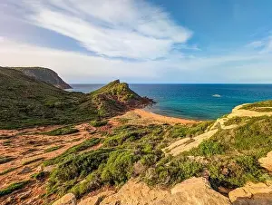 Minorca Prints: Aerial drone view of Cala del Pilar beach scenery on north cost of Menorca, near Ferreries