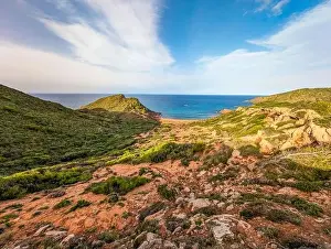 Minorca Prints: Aerial drone view of Cala del Pilar beach scenery on north cost of Menorca, near Ferreries