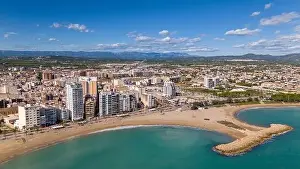 Apartment Buildings Prints: Aerial drone view on the coastal town of Vinaros in the province of Castellon