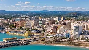 Apartment Buildings Prints: Aerial drone view on the coastal town of Vinaros in the province of Castellon