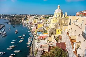 Alleyways Prints: Aerial drone view of Corricella fisherman village in Procida island Naples Italy