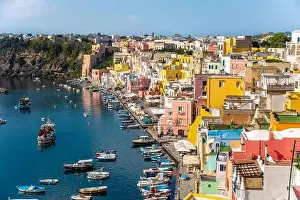 Alleyways Prints: Aerial drone view of Corricella fisherman village in Procida island Naples Italy