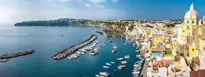 Alleyways Prints: Aerial drone view of Corricella fisherman village in Procida island Naples Italy