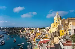 Alleyways Prints: Aerial drone view of Corricella fisherman village in Procida island Naples Italy