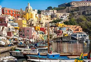 Alleyways Prints: Aerial drone view of Corricella fisherman village in Procida island Naples Italy
