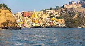 Aerial drone view of Corricella fisherman village in Procida island Naples Italy