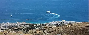 Whitewashed Prints: Aerial drone view of Cycladic island tourism destination Greece