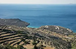 Whitewashed Prints: Aerial drone view of Cycladic island tourism destination Greece