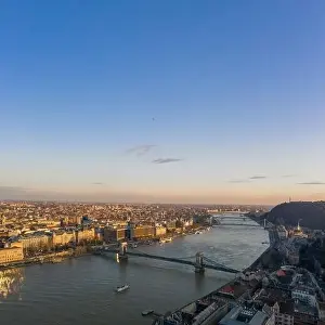 Elisabeth Bridge Prints: Aerial drone view of Danube river with bridges in Budapest during sunset hour