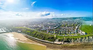 Folkestone Prints: Aerial drone view of the english coast in Folkestone, Kent