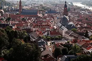 Footage Prints: Aerial drone view over famous city of Heidelberg Germany with bridge on river Neckar