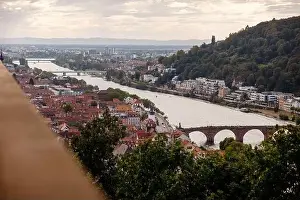 Footage Prints: Aerial drone view over famous city of Heidelberg Germany with bridge on river Neckar