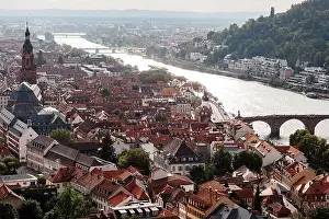 Footage Prints: Aerial drone view over famous city of Heidelberg Germany with bridge on river Neckar