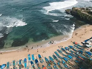Sand Island Prints: Aerial drone view of Fishermans boats at the beach in Yogyakarta Indonesia