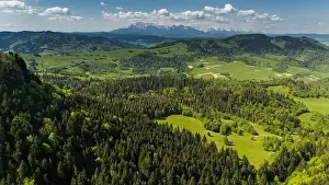 Tatra Prints: Aerial drone view over green hills of Pieniny National Park and snowy Tatra Mountains