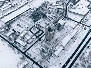 aerial drone view of houses and road. winter landscape