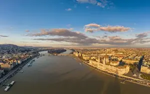 Kossuth Square Prints: Aerial drone view of Hungarian Parliament and Margaret island in Danube river in Budapest sunset