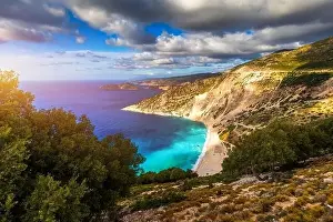 Cephalonia Prints: Aerial drone view of iconic turquoise and sapphire bay and beach of Myrtos