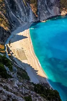 Cephalonia Prints: Aerial drone view of iconic turquoise and sapphire bay and beach of Myrtos