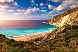 Cephalonia Prints: Aerial drone view of iconic turquoise and sapphire bay and beach of Myrtos