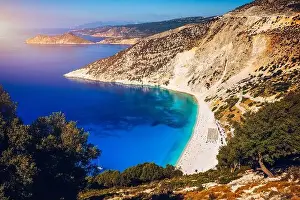 Cephalonia Prints: Aerial drone view of iconic turquoise and sapphire bay and beach of Myrtos