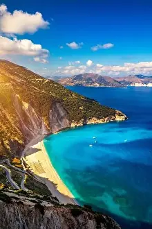 Cephalonia Prints: Aerial drone view of iconic turquoise and sapphire bay and beach of Myrtos