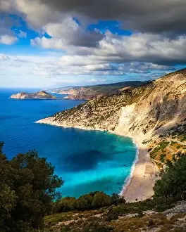 Cephalonia Prints: Aerial drone view of iconic turquoise and sapphire bay and beach of Myrtos