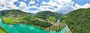 Julian Prints: Aerial drone view of Most na Soci town in Slovenia and Soca river