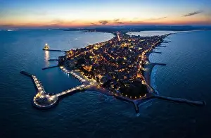 Pomorie Prints: Aerial drone view at night to Pomorie city on the Bulgarian Black Sea coast