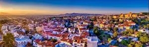 Thessaloniki Prints: Aerial drone view of old Byzantine castle and the famous city of Thessaloniki or Salonica at sunset